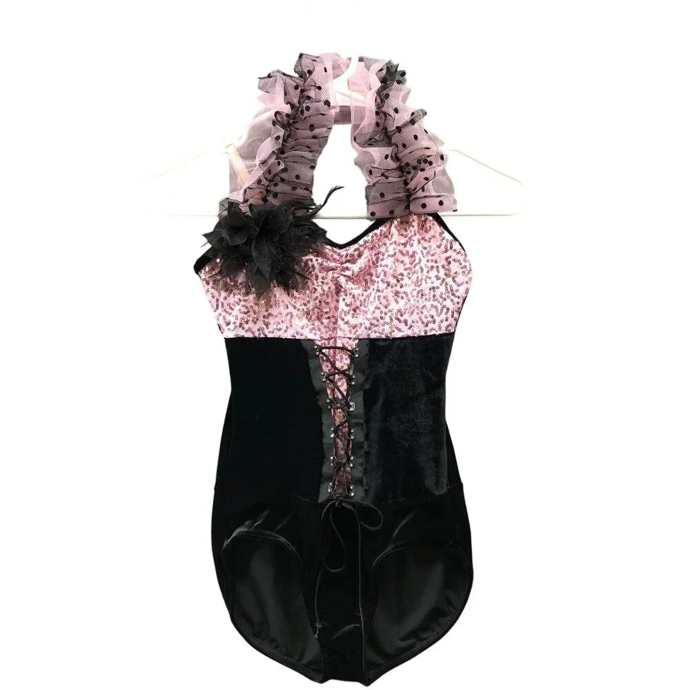 Weissman Pink and Black Ruffled Halter Dance Leotard